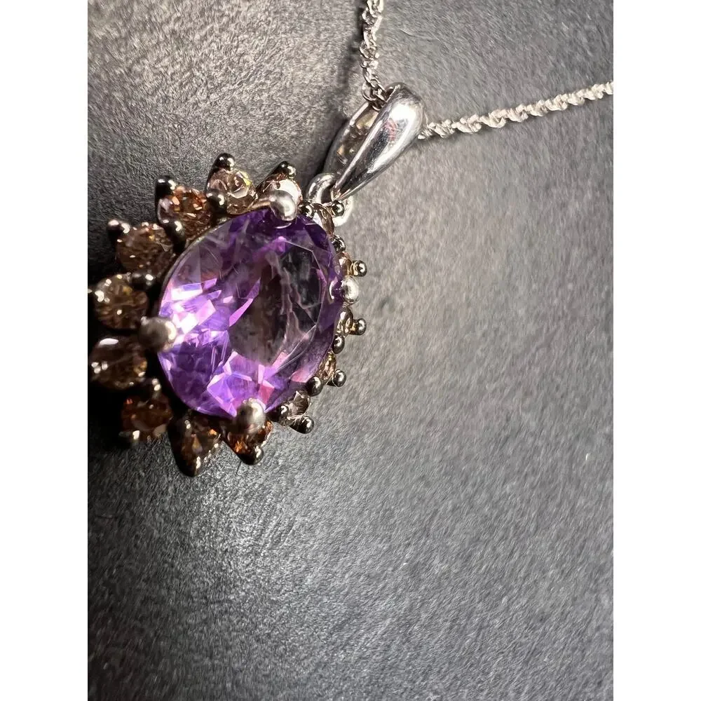 NEW amethyst and brown zircon halo pendant in sterling silver with vintage chain